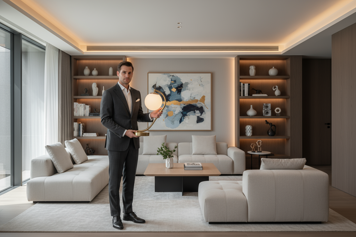 Man holding a lamp or clock in a stylish room