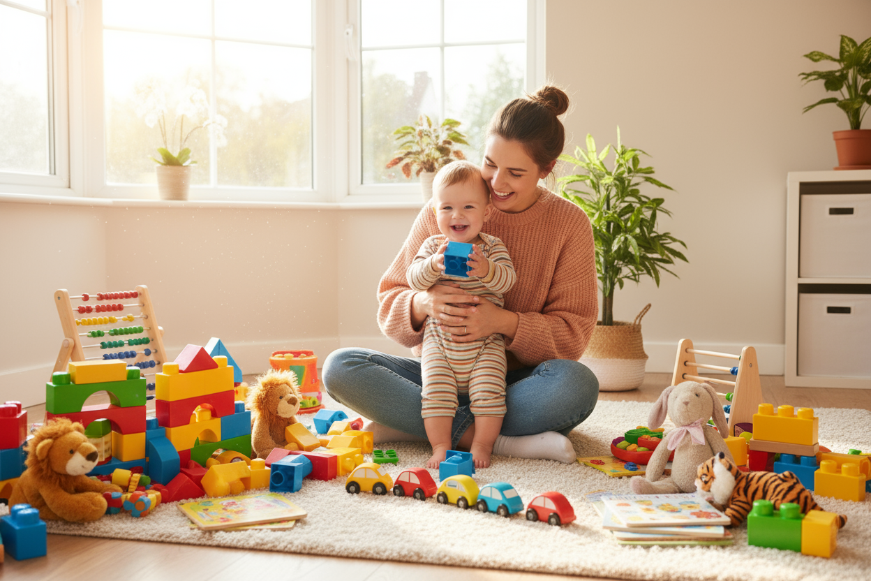 Mom sitting with her kid surrounded by colorful toys