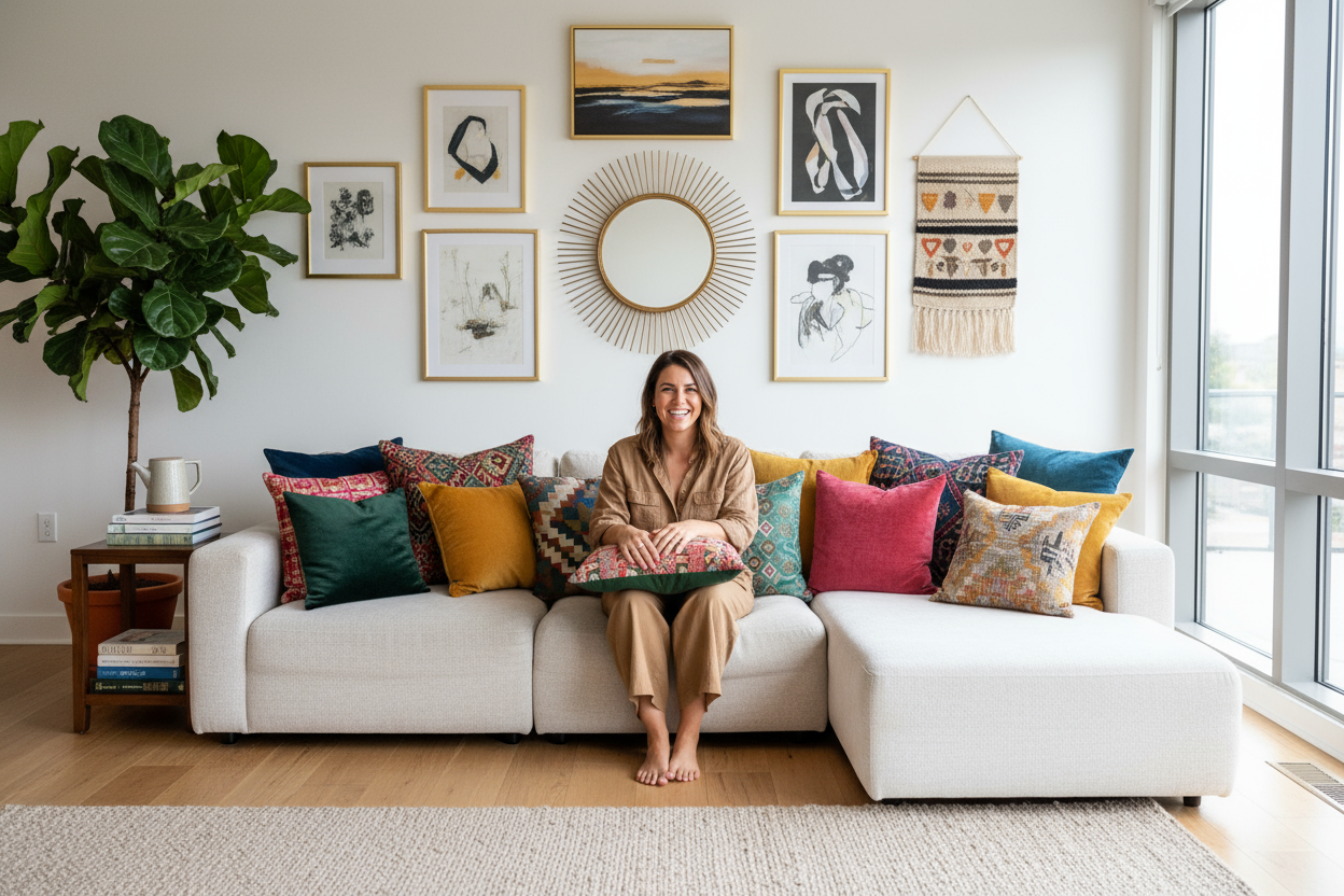 Smiling woman with decorative cushions or wall art