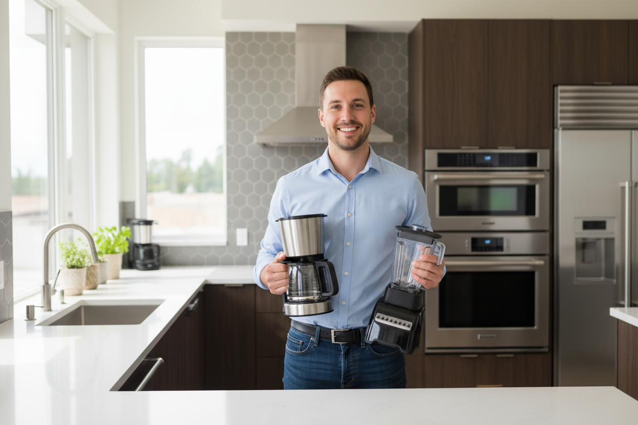 Young man in kitchen holding a coffee maker or blender